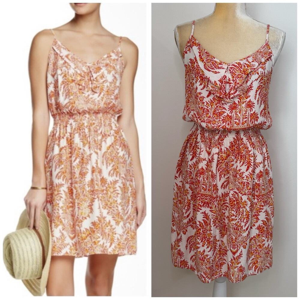 J. McLaughlin Silk Paisley Bliss Mini Dress Size M Red Orange Smocked Waist